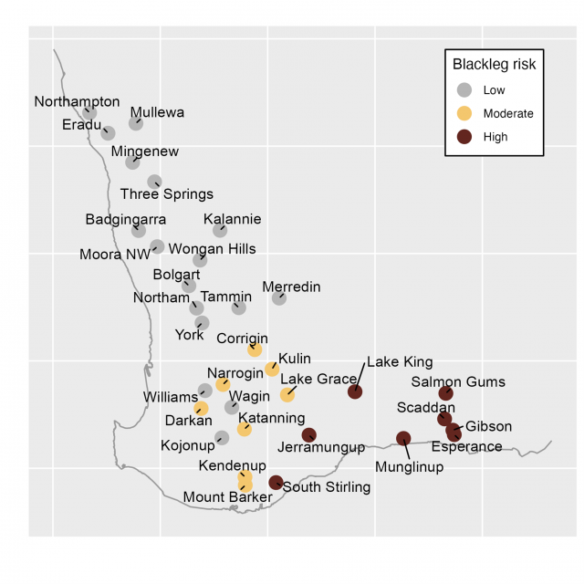 Map showing the relative current risk of spores coinciding with the seedling stage based upon Blackleg Sporacle Model outputs for various locations in Western Australia, 22nd April 2024.
