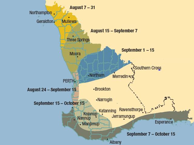 Map of south-western Australia showing the sowing window for sub-tropical grasses