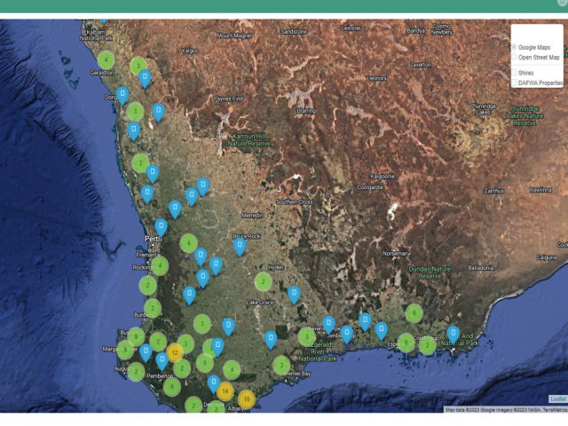 Spread of SDI cases in southern WA 2022-2023. Case numbers are denoted with each marker. Blue indicates single SDI cases, green denotes 2-10 SDI cases and yellow signifies more than 10 SDI cases.