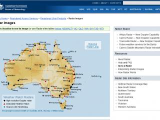 Map showing Doppler radar sites across Australia on Bureau of Meterology website