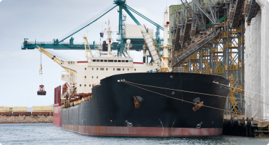Grain being loaded into container ship at Esperance port in Western Australia