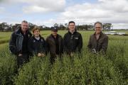 Group of five people standing in an oats paddock on a cold day.