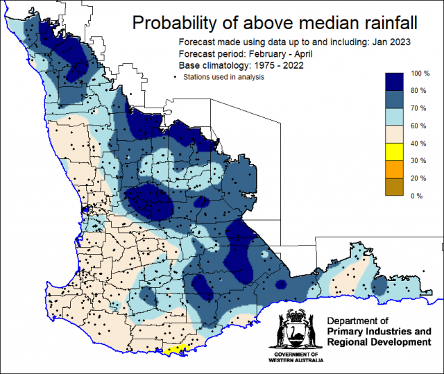 SSF forecast of the probability of exceeding median rainfall for February to April using data up to and including January. Indicating above 60% probability of above median rainfall for the majority of the South West Land Division.