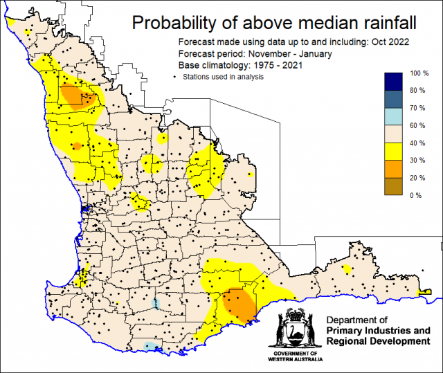 SSF forecast of the probability of exceeding median rainfall for November 2022 to January 2023 using data up to and including October. Indicating generally neutral (40-60%) probabilities of above median rainfall for the South West Land Division.