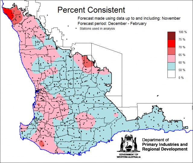 Percent consistent skill of the SSF at forecasting December to February rainfall using data up to and including November. Skill is 50 to 75 percent consistent.