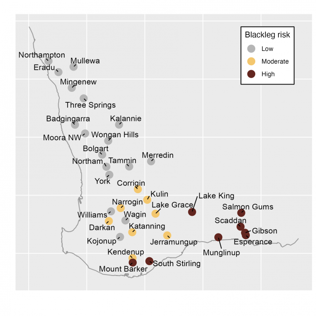 Map showing the relative current risk of spores coinciding with the seedling stage based upon Blackleg Sporacle Model outputs for various locations in Western Australia, 16th April 2024.