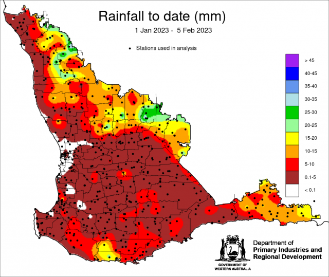 Rainfall to date map 1 January to 5 February 2023, showing rainfall for Central West and Central wheatbelt forecast districts.