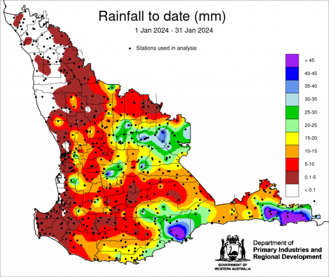 Rainfall to date map for 1-31 January 2024 for the South West Land Division. Indicating high falls for Esperance and Jerramungup shires, no rainfall for the Central West.