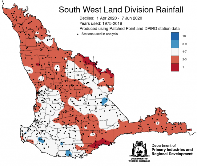 Rainfall deciles for 1 April to 7 June 2020 in the South West Land Division. Indicating below average rainfall for the majority of the SWLD.