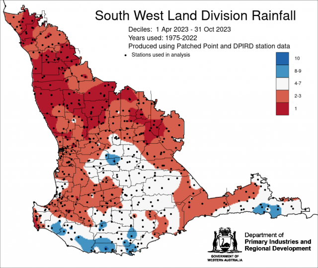Rainfall decile map 1 April to 31 October 2023 for the South West Land Division. Decile 1-3 rainfall for the majority.
