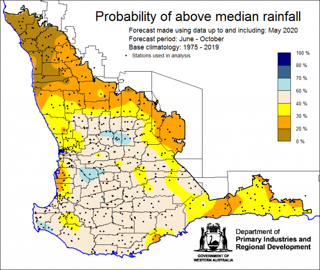 SSF forecast of the probability of exceeding median rainfall for June to October 2020 using data up to and including May. Indicating a below 40% chance of exceeding median rainfall for the parts of the northern and eastern grainbelt and Esperance shire.