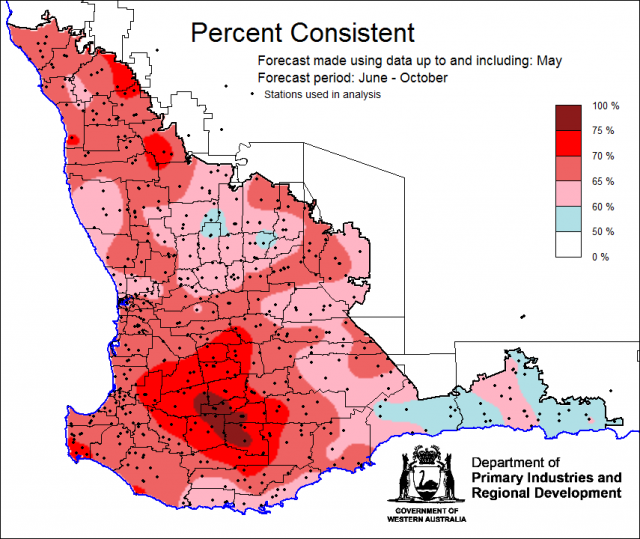 Percent Consistent skill of the SSF at forecasting June to October rainfall using data up to and including May. Skill is 50 to 100 percent consistent.