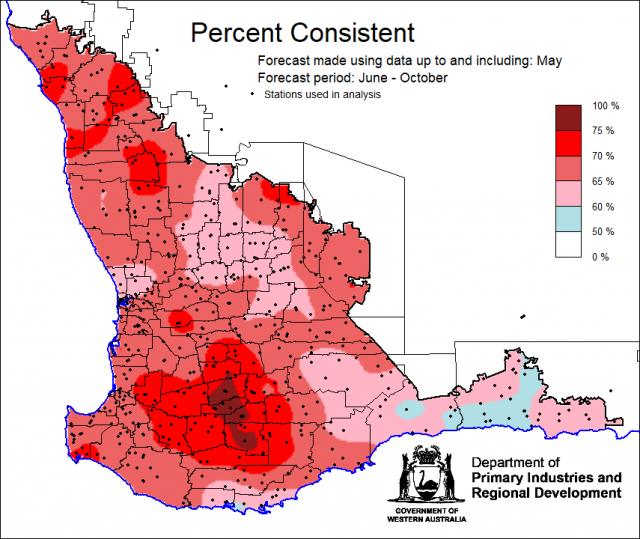 Percent consistent skill of the SSF at forecasting June to October rainfall using data up to and including May. Skill is 50 to 100 percent consistent.