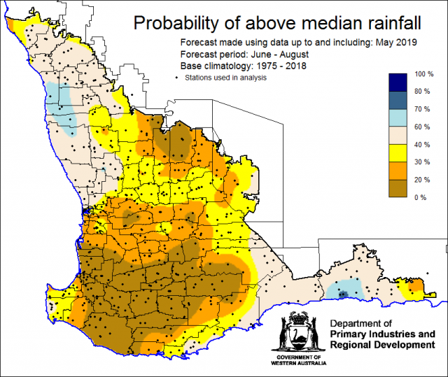 SSF forecast of the probability of exceeding median rainfall for winter, June to August using data up to and including May. Indicating less than 40% chance of the majority of the Southwest Land Division receiving above median rainfall.