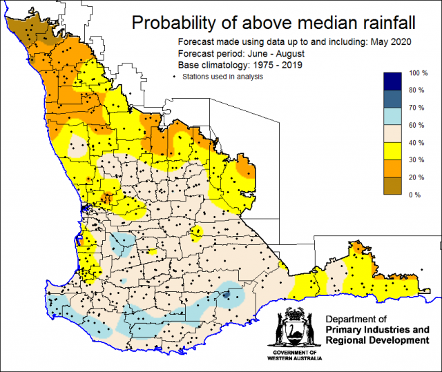 SSF forecast of the probability of exceeding median rainfall for June to August 2020 using data up to and including May. Indicating a below 40% chance of exceeding median rainfall in the north and east and Esperance.