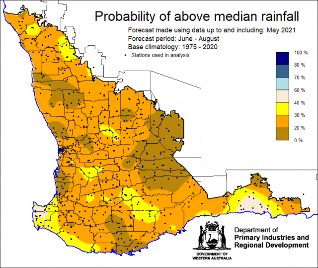 SSF forecast of the probability of exceeding median rainfall for winter June to August 2021 using data up to and including May. Indicating less than 40% chance of exceeding median rainfall the majority of the South West Land Division.