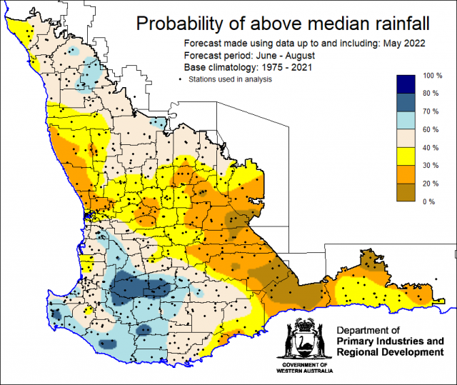 SSF forecast of the probability of exceeding median rainfall for June to August 2022 using data up to and including May. Indicating mixed probabilities of above median rainfall for the South West Land Division.