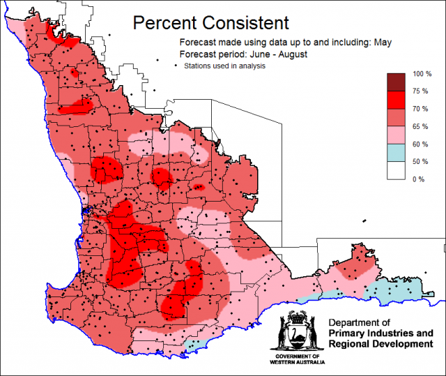 Percent Consistent skill of the SSF at forecasting June to August rainfall using data up to and including May. Skill is 50 to 75 percent consistent.