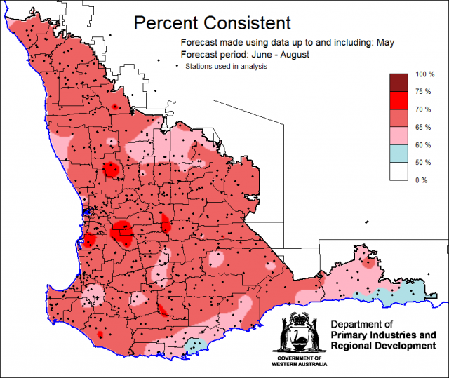 Percent Consistent skill of the SSF at forecasting June to August rainfall using data up to and including May. Skill is 50 to 75 percent consistent.