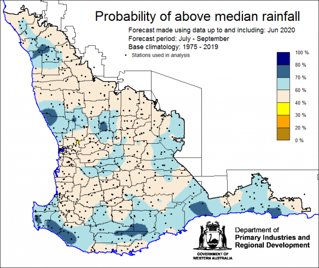 SSF forecast of the probability of exceeding median rainfall for July to September 2020 using data up to and including June. Indicating above 40% chance of exceeding median rainfall with wetter chances in the south and parts of the north.
