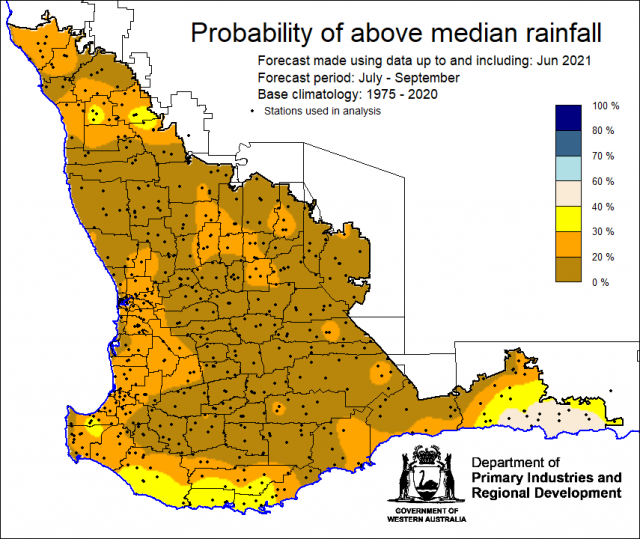 SSF forecast of the probability of exceeding median rainfall for July to September 2021 using data up to and including June. Indicating less than 40% chance of exceeding median rainfall for the South West Land Division.