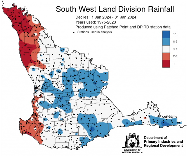 Rainfall decile map for January 2024 for the South West Land Division. Indicating decile 8-9 for central and southern grainbelt, and decile 1-3 for northern grainbelt and south west corner.