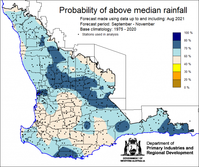 SSF forecast of the probability of exceeding median rainfall for spring September to November 2021 using data up to and including August. Indicating more than 60% chance of exceeding median rainfall for the majority of the South West Land Division.