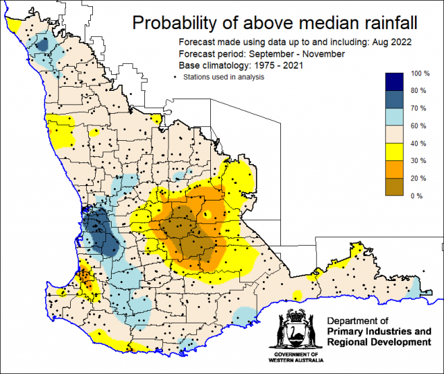 SSF forecast of the probability of exceeding median rainfall for September to November 2022 using data up to and including August. Indicating mixed probabilities of above median rainfall for the South West Land Division.