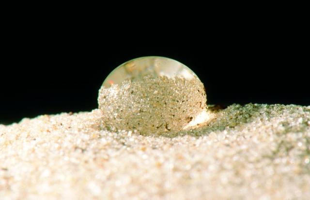 A water droplet sitting on top of white sand, unable to be absorbed into the sand.