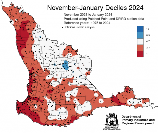 Rainfall decile map for November 2023 to January 2024 for the South West Land Division. Indicating decile 2-3 for the majority.