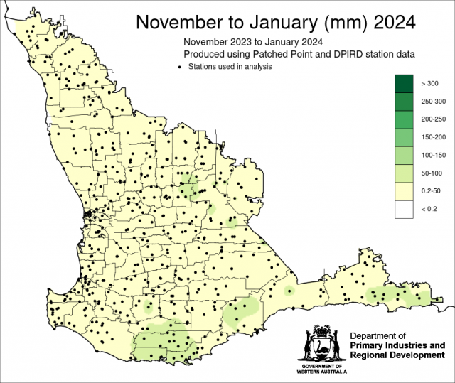 Rainfall amount map for November 2023 to January 2024 for the South West Land Division. Esperance had 111 mm rainfall.