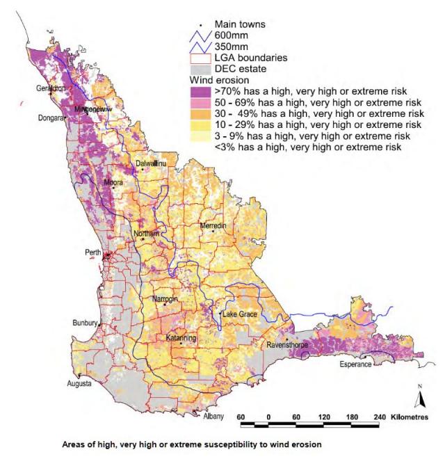 Map of south-west Western Australia showing areas of high, very high or extreme susceptibility to wind erosion