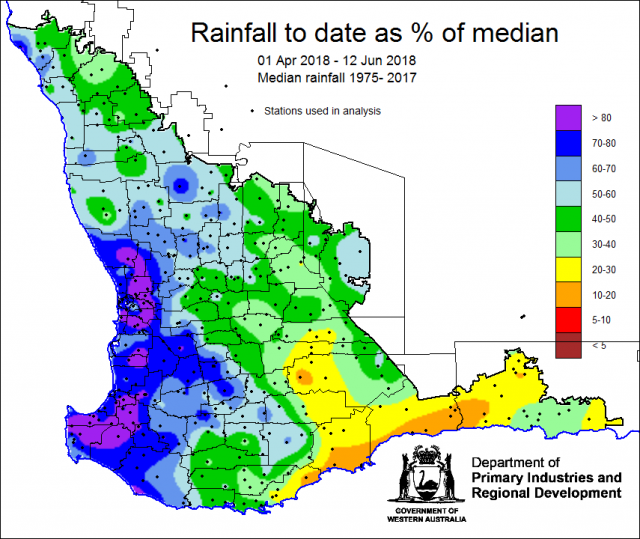 Map of Western Australia showing coloured areas of rainfall totals since 1 April 2018, in millimetres