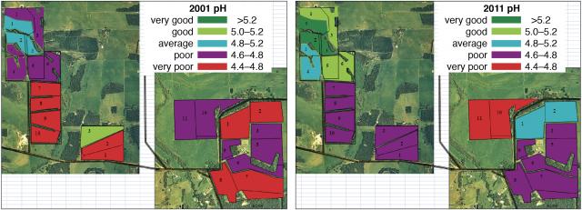 Alan Hawley’s mapping of the pH status of his farm shows a clear improvement from 2001 to 2011.