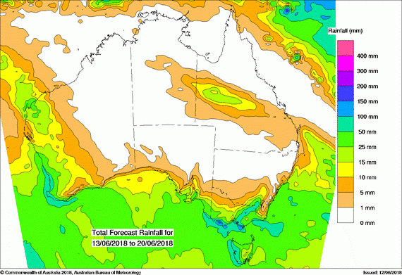 Map of rainfall forecast for the next week to 20 June 2018 in millimetres