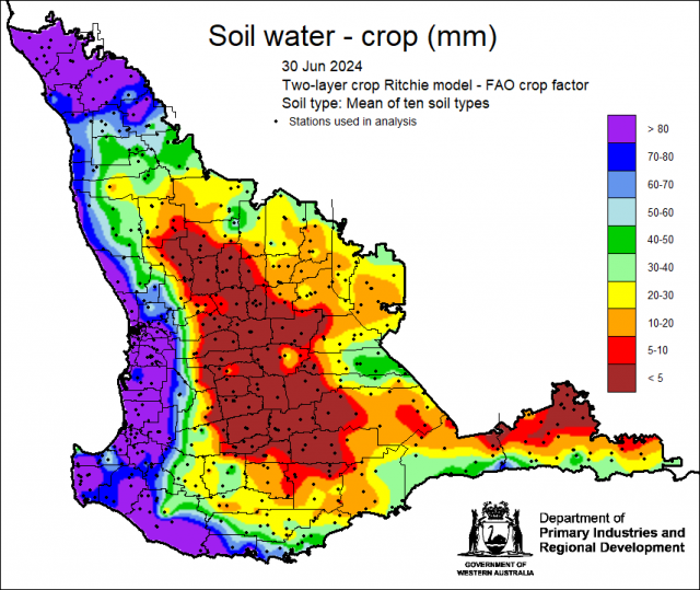 Fig6. Plant available soil water map using the two-layer Ritchie soil water model FAO crop factor up to 30 June 2024. Indicating that a large part of the South West Land Division has low soil water.