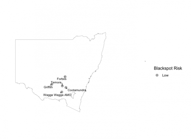 Map showing the relative current risk of spores based upon Blackspot Model outputs for various locations in New South Wales, 19th June 2023.