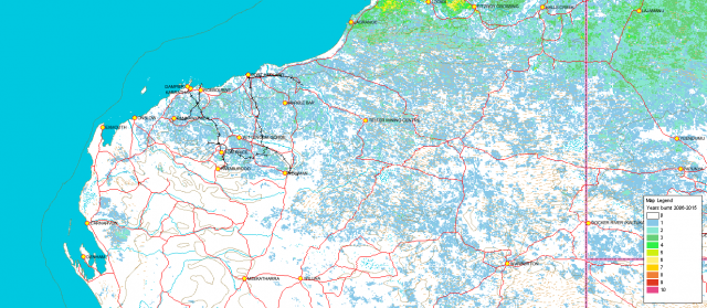 North Australian Fire Information map of the Pilbara region showing years burnt 2006-2015.
