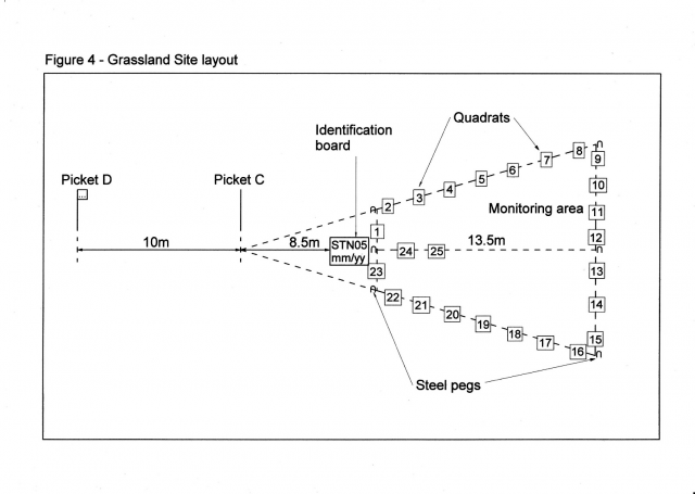 Line drawing of a grassland monitoring site with numbered quadrats for recording