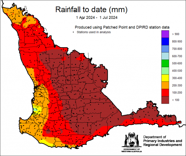 Fig4.Rainfall map for 1 April to 1 July 2024 for the South West Land Division. Indicating less than 100mm for the majority of the wheatbelt.