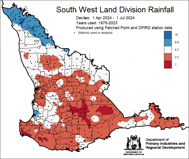 Fig5.Rainfall decile map for 1 April to 1 July 2024 for the South West Land Division. Indicating decile 1-3 rainfall for the majority, and decile 8-10 for northern wheatbelt and area around Myalup, north of Bunbury.