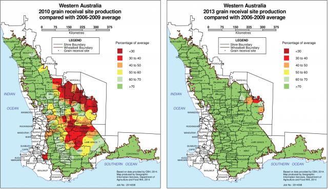 Two maps that show WA Wheatbelt grain production for 2010 and 2013. 2010 was a drought year which resulted in a severe decrease in grain production.