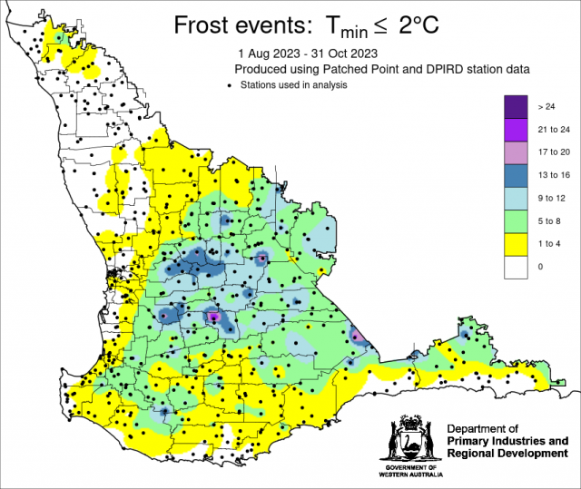 Number of days below 2°C in August to October 2023 in the South West Land Division. 2023 was a low frost year when compared to the long term average.