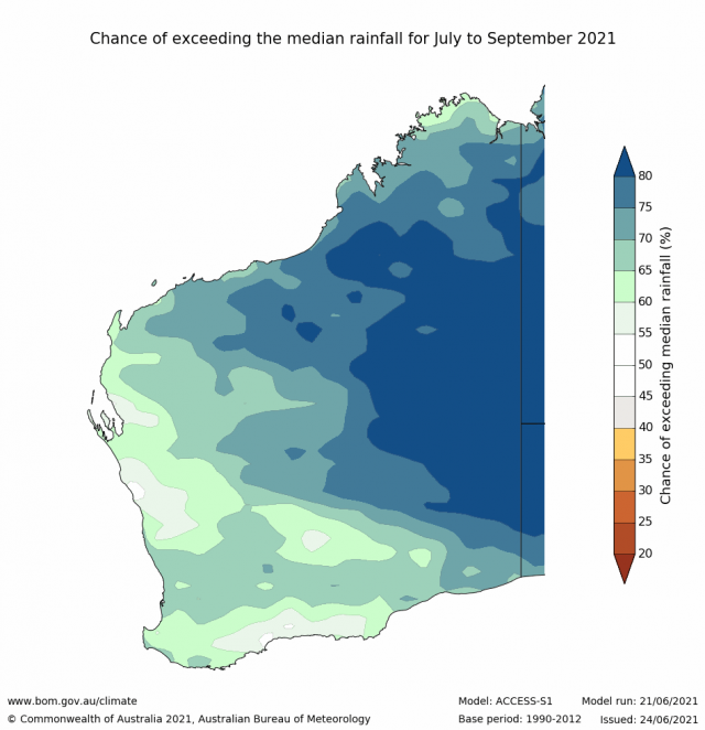 Rainfall outlook for July to September 2021 for Western Australia from the Bureau of Meteorology, indicating 55-75% chance of above median rainfall for the SWLD.