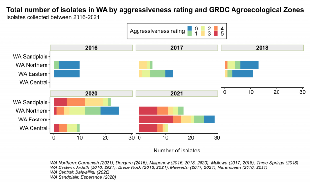 Number of isolates of A.rabiei by aggressiveness ratings for samples collected in WA  between 2016 and 2021. The figure shows the total number samples for each aggressiveness rating in a given collection year for each of the GRDC agroecological