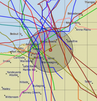 Map showing tropical cyclone paths from 1980 to 2016 crossing within a 100km radius of the Shay Gap study area (source BoM)