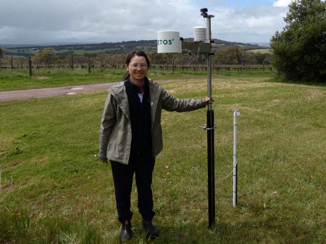 DPIRD's Yu-Yi Liao with one of the newly installed weather stations in the Great Southern wine region.