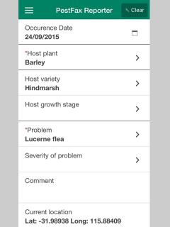 Screenshot of PestFax Reporter app's selection screen.