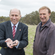 Agriculture and Food Minister Ken Baston and Williams farmer Lester Fawcett collecting Copris hispanus that will be relocated to Badgingarra and Geraldton to tackle bush fly numbers there.