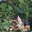 Garden scene with plaster gnome, potted plants and a selection of garden tools.